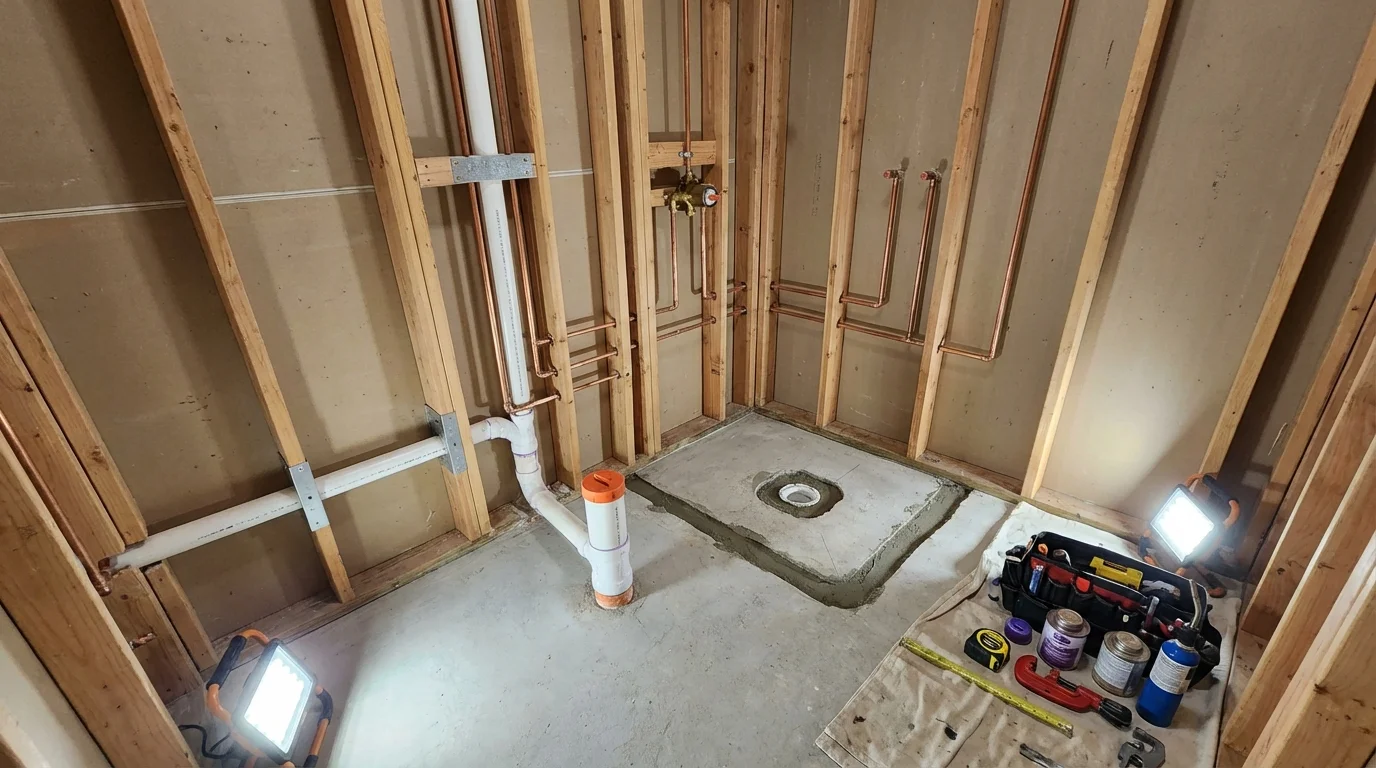 Bathroom rough-in plumbing during remodel by Johns Plumbing LLC in Arkadelphia
