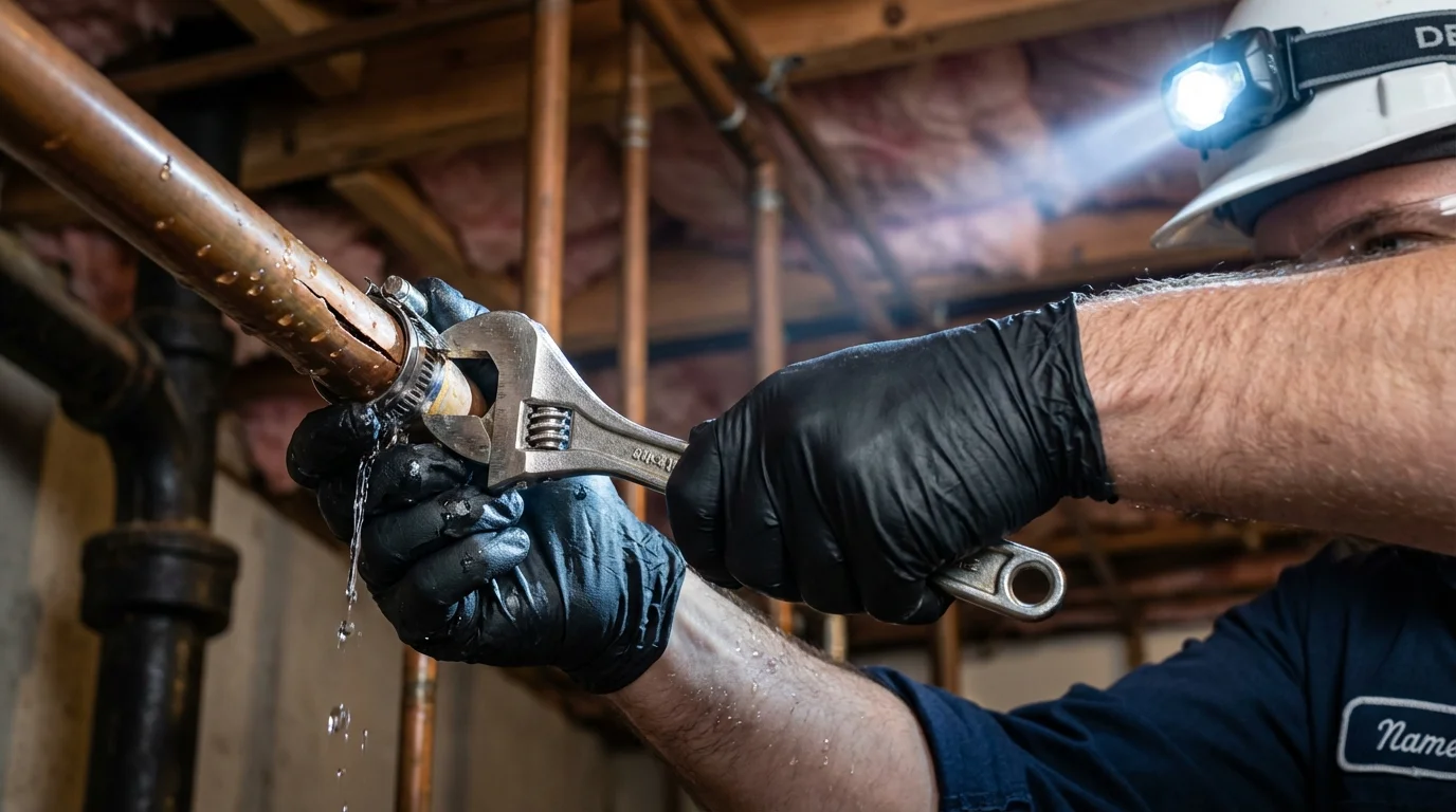 Emergency pipe clamp repair being performed by a Johns Plumbing LLC plumber in Arkadelphia
