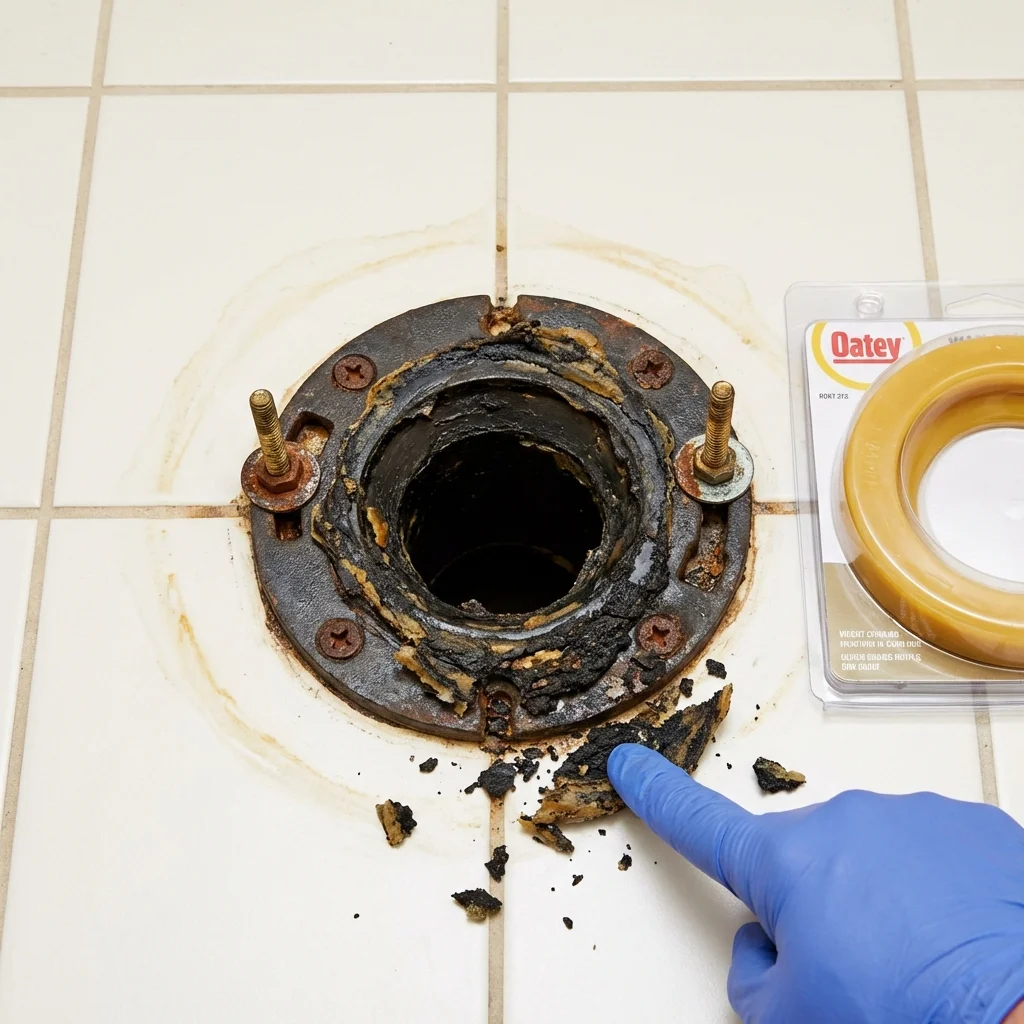 Failed wax ring showing water seepage at the base of a toilet in a Arkadelphia, AR home