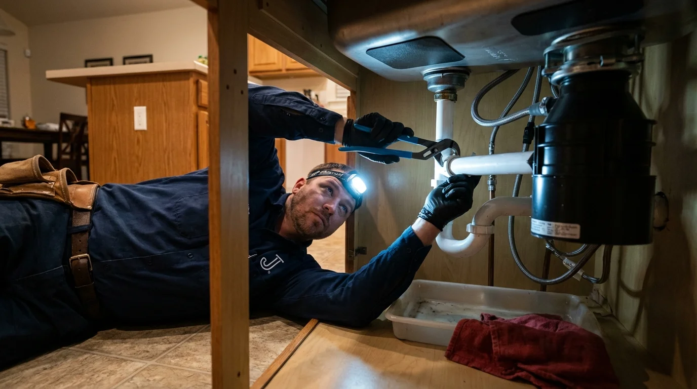 P-trap and supply line connections under a kitchen sink showing a common leak point in Arkadelphia, AR